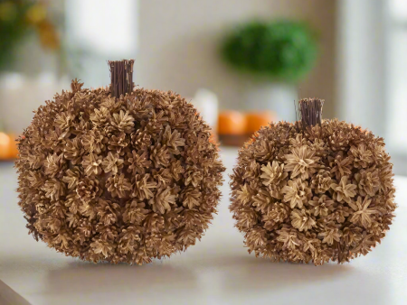 Set of 2 Tan Pinecone Pumpkins w Twig Stem Cheap