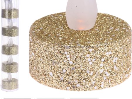 Tea Light LED Gold Glitter 6pc set Hot on Sale