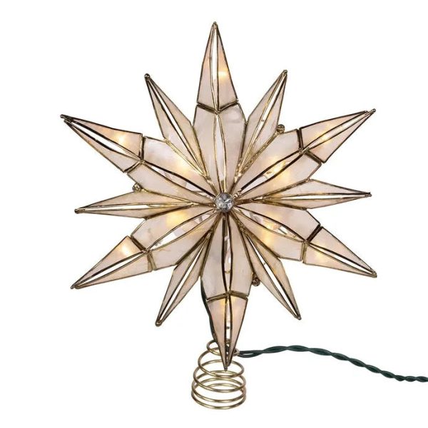 10-Light LED 12-Point Brass Plated Capiz Star With Gem Center Treetop, 10.24“ (UL) Online Sale