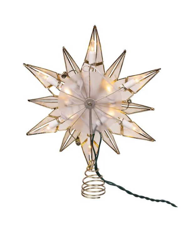 10-Light LED 12-Point Brass Plated Capiz Star With Gem Center Treetop, 10.24“ (UL) Online Sale