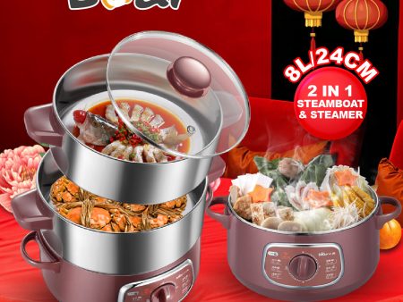 Bear 2in1 Steamer & Steamboat 2 Tier Stainless Steel convenient Steamer 8.0L 800Watt , Food Steamer(DZG-D80A1) Fashion