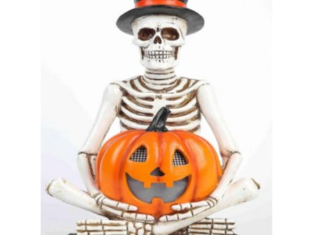 Halloween Sitting Skeleton with Black Hat and Pumpkin (Battery Operated, LED eyes) For Discount