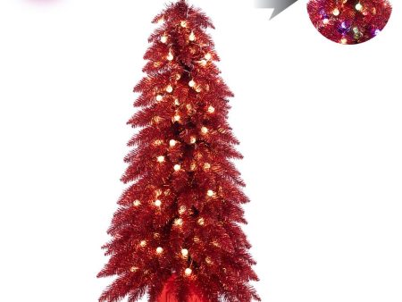 Jolly Pine Tree in Pot w LED Lights, 4 H X 22 D (Red) on Sale